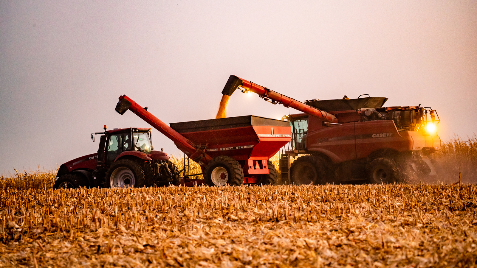 Combine and grain cart in a field