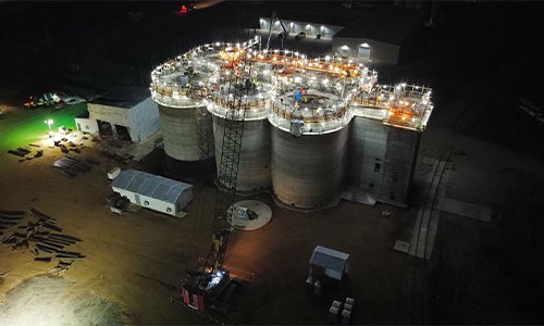 Aerial of the elevator slip form taking shape at night